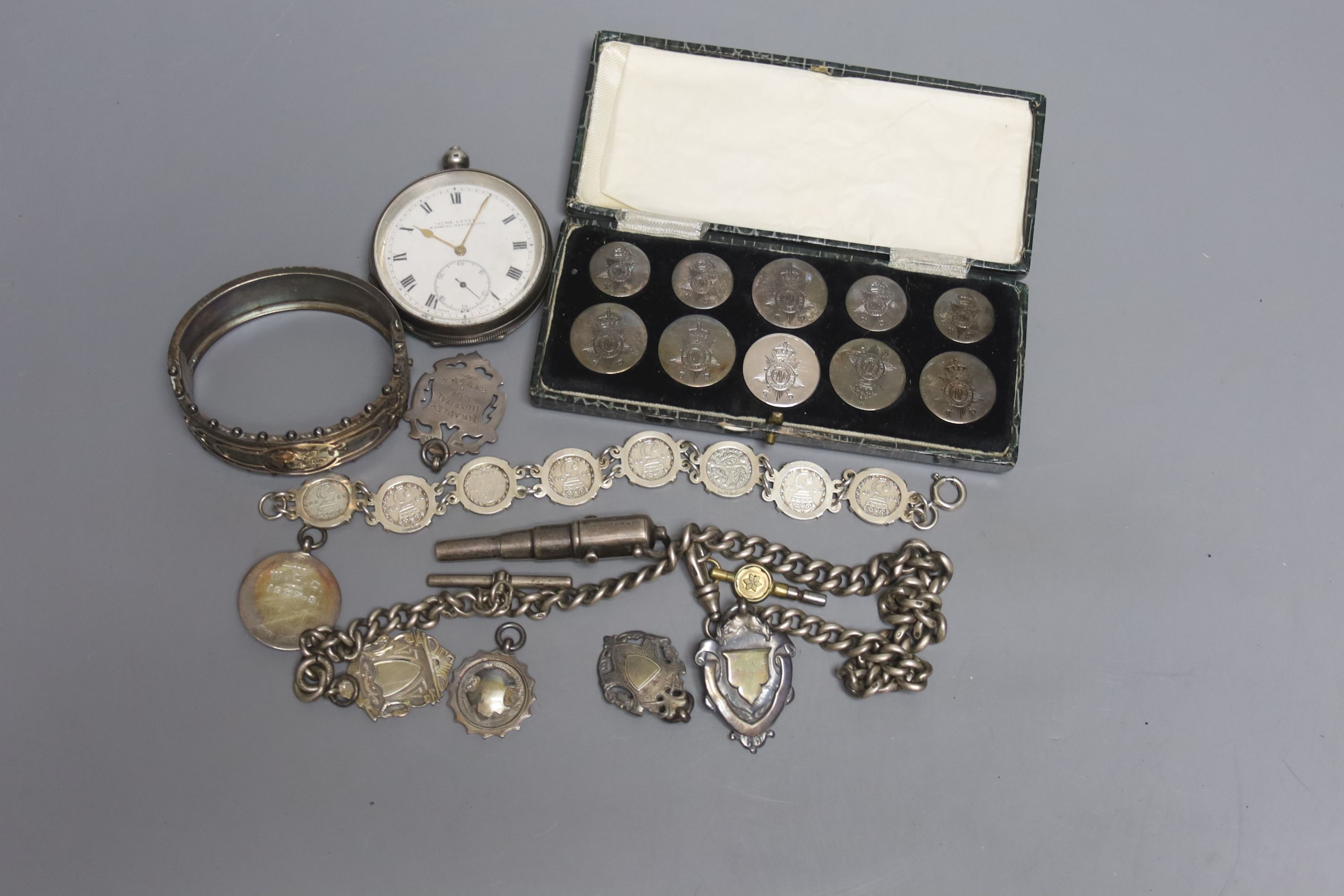 Mixed items including silver medallions, Victorian silver and yellow metal hinged bangle and a Mordan & Co pencil